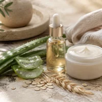 Алое вера, овес, масло и кремообразен продукт върху светъл плот.