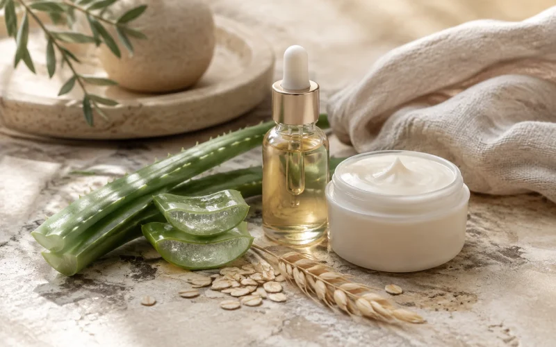 Алое вера, овес, масло и кремообразен продукт върху светъл плот.